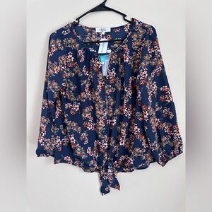 Stitch fix Beacon Navy Floral Tie-Front Blouse with Pink & White Accents